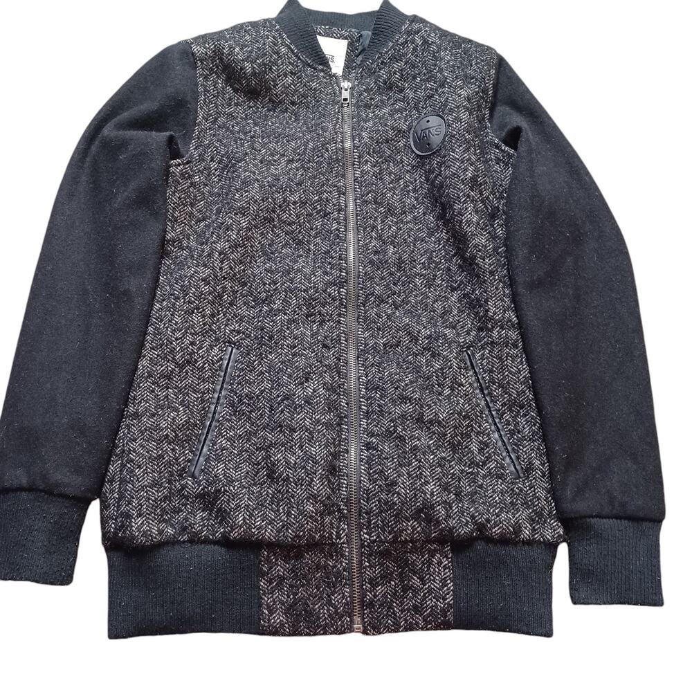 Vans Route 99 Black Herringbone‎ Wool Blend Varsity Bomber Zip Jacket XS